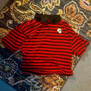 Red and black striped shirt with skull design